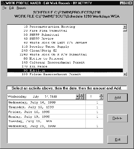 This shows an example of the Work Profile input window.